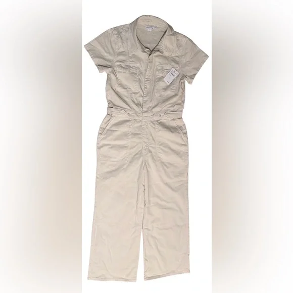 Good American Fit For Success Twill Palazzo Crop Jumpsuit in Ecru, Size: Large - Picture 8 of 14